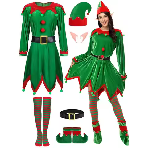 6 Pack Christmas Elf Costume Velvet Green Girl Fancy Dress Parent-Child Xmas Suit Christmas Cosplay 