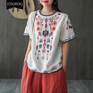 EDQRDQ ผู้หญิงเสื้อปักผ้าฝ้ายลินินแขนสั้นชาวนา Boho เม็กซิกัน Tunic Top Casual T เสื้อ