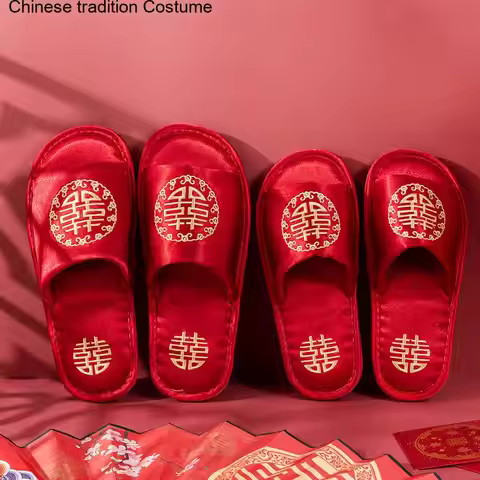 Wedding Slipper Bride Groom Embroider Shoes Satin Sandals Women Men Home Slipper Chinese Style Indoo
