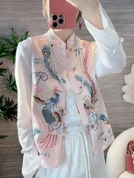 High-Grade Chinese Button Knots Vest Women's Satin Heavy Industry Phoenix Embroidery National Style Cheongsam Stand-up Collar Waistcoat Short Coat