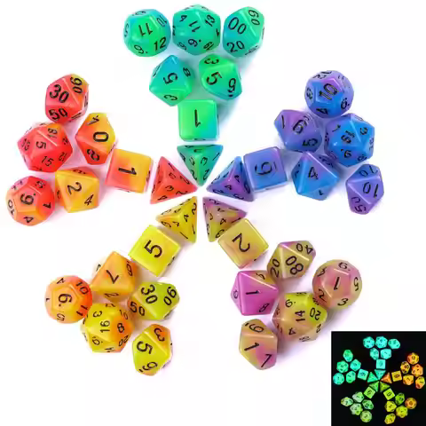 5Sets/35Pcs Luminous DND Dice Set Two-tone D4 D6 D8 D10 D% D12 D20 Glow in The Dark Polyhedral Dice 