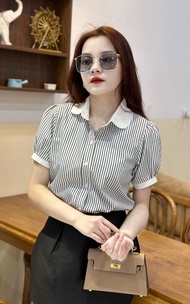 Áo sơ mi nữ cộc tay cổ bẻ phối trắng chất kiểu vải thô kẻ sọc phong cách hàn quốc Gloria Shop