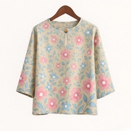 Baju Raya Muslim Women's Blouse 3/4 Sleeve Pink & Blue Floral Pattern Beige Background - Soft Comfor
