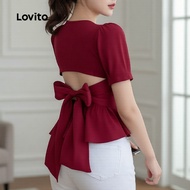 Lovito Blaus Elegan Wanita Ruffle Hem Klaret Musim Bunga/Panas L165ED633