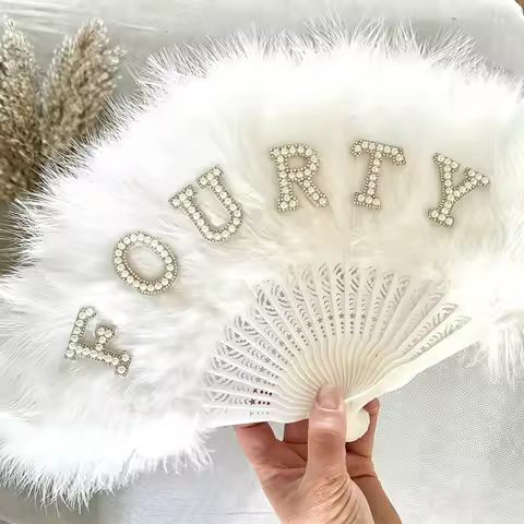 Personalised Pearl Alphanumeric White/Black Feather Fan 18th 21st 30th 40th Birthday Party Photo Pro