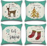 Cushion Cover, 65x65cm Set of 4, Christmas Tree Elk and Socks Soft Velvet Throw Pillow Cases 26x26in, Square Sofa Cushion Cover with Invisible Zipper for Couch Bed Car Bedroom Home Decor