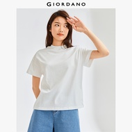Giordano ผู้หญิงจอร์แดนเสื้อยืดแฟชั่น Ribbed Mockneck ยืดเสื้อยืด Breathable เสื้อแขนสั้นพอดีตัวธรรม
