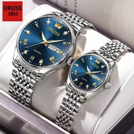 ORUSS นาฬิกาแฟชั่นปฏิทินคู่สแตนเลสนาฬิกาคู่รักของแท้กันน้ำเรืองแสง