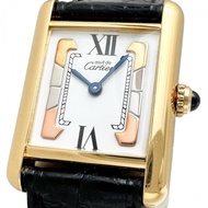 卡地亞/Cartier Must Tank SM Vermeil W1006354 復古腕錶，925純銀/皮革錶帶，石英機芯，白色錶盤/黑色皮革錶帶，女士款 [二手]