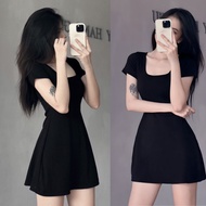 Women's basic dress, gentle, easy to flare, short sleeves, square neck, stretchy ribbed fabric, cool