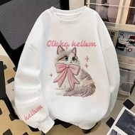 Cat White Crewneck Sweater OversizedWanita - Oblong Crewneck Sweater Latest FleeceWanita - Crewneck 