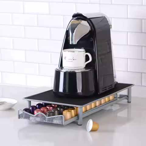 Nespresso Coffee Capsule Storage Rack — Drawer-Style, Powder-Coated Metal Organizer & Machine Stand