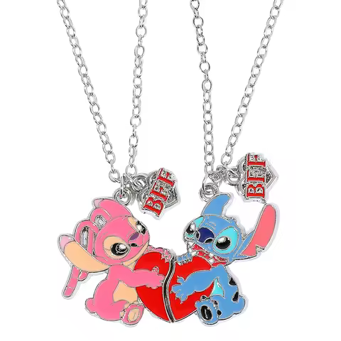 Stitch & Angel Hug Couple pendant Set - Heart Pendant, Lilo & Stitch Ohana Couples Love