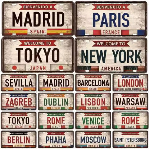 Vintage Berlin Madrid New York Paris Country City Style Plate Metal Aluminum Sign Plaque Man Cave Ba