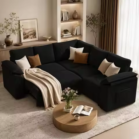 Modular Sectional Sofa with Pull Out Bed, L Shaped Sectional Couches | Corduroy 5 Seat Sectional Sle