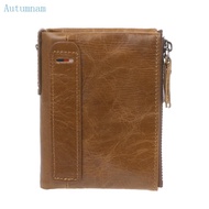 AUTU Men Genuine Leather Double Zipper Wallet Cowhide Bifold Coin Purse Card Holder