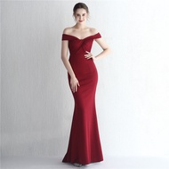 One shoulder long dinner fishtail dress wedding dress red white evening dress party gown