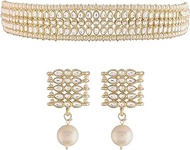 18k Gold Plated Indain Wedding Bollywood White Pearl &amp; Kundan Studded Choker Necklace Jewellery Set For Women/Girls (K7209W)