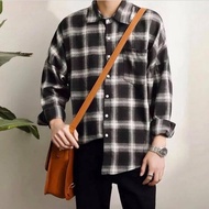Flannel shirt with black and white plaid shirt Kemeja Lelaki Baju Kemeja Lelaki