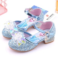 Disney Princess Frozen Elsa Kids Leather For Girls Crystal Pillar Casual Glitter Children High Heel Party Dress Shoes