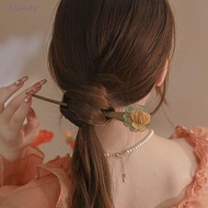 ELMER Rose Flower Hair Stick, Wave Shape Leaf Hanfu Wooden Hairpins, Sweet Camellia Hair Accessories Cheongsam Headdress Simulation Flower Hair Clip Hanfu