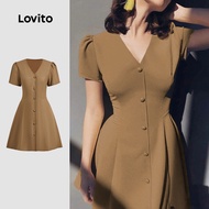Lovito Elegant Dress Button Spring/summer Khaki Dress for Women L150AD726 Lovito Pakaian Elegan Buta