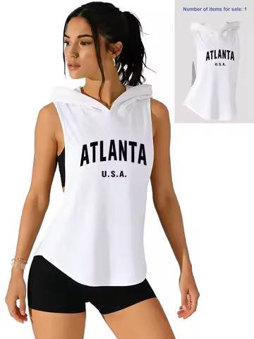 Women's "ATLANTA U.S.A." Print Sleeveless Hoodie, Casual Loose Side Split Tank Top