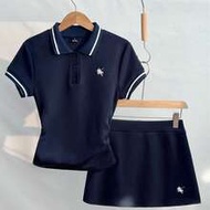 Spring & Summer Casual Collared Ruched T-Shirt And Embroidered A-Line Skirt 2-Piece Set, Navy Blue P