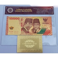 vn3 Uang souvenir gold foil bergambar 100000 soekarno hatta dengan