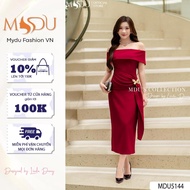 Váy Mango Ý MDU5144 Gam Đỏ Rượu Vang Sang Trọng Thiết Kế Trễ Vai Cùng Đắp Vạt Lệch Eo Lạ Mắt Từ MDU