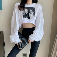 เสื้อครอปแขนยาวผู้หญิงที่กําลังฮิต oversize เสื้อผ้าวัยรุ่นแฟชั่นสวยๆ เสื้อเอวลอยสาวอวบ เสื้อยืดโอเว