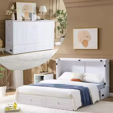 Murphy Bed with Tri-Folding Mattress, Space-Saving Queen Size Wall Bed Built-in Charging Station, Fo