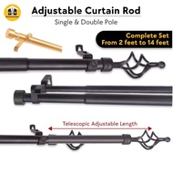 Curtain ROD Telescopic Adjustable Length 2ft to 14ft Single Double Pole Complete SET Accessories