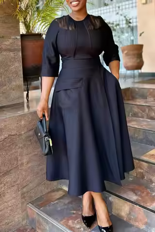 Elegant Churchs Black Dress for Women Round Neck 3/4 Sleeve Pocket Vintage Contrast Midi Dresses Aut