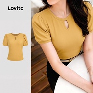 Lovito Casual T-shirt Tie Front Hollow Sense of Lines Spring/summer Yellow T-shirt for Women LK7ED63