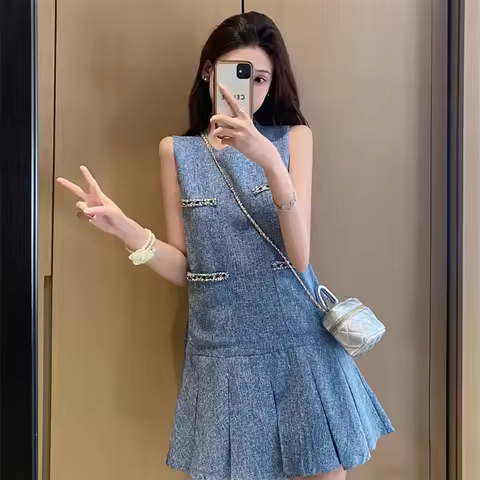 BESTBAFU Elegant Tweed Dress Summer Fashion Patchwork Pocket A-Line Pleated Dresses Women Sleeveless