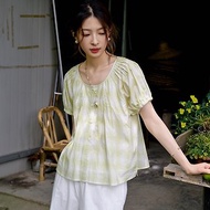 黃格紋打攬襯衫|襯衫|夏款|Sora-1534
