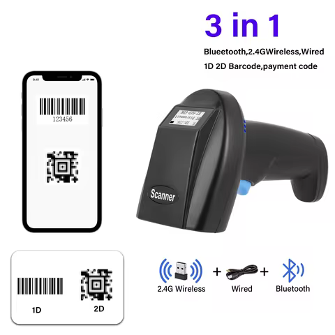 2.4G Wireless 1D 2D Barcode Scanner with Screen, Handheld Bluetooth QR Code Reader for Supermarket E