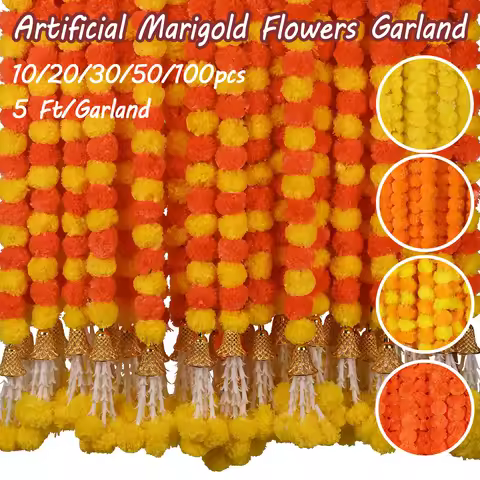 10-100pcs Marigold Garland 5ft Artificial Marigold With Bell for Haldi Mexican Party Fiesta Day of T