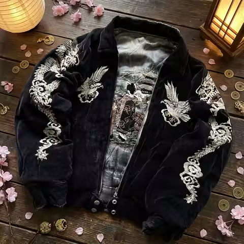 Y2K Trendy Retro Dragon Eagle Embroidered Jacket Men Women Souvenir Landscape Inner Lin Jacket Embro