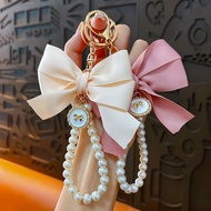 Cute Pearl Chain Key Ring Ins Style Large Bow Pearl Car Keychain Creative Colorful Ribbon Cloth Knot