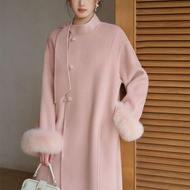 【羊毛】新中式復古風 羊絨雙面外套/狐狸毛袖大衣