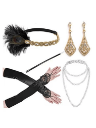 1套5件女士1920年代風格的黑色有珠子羽毛頭帶，珍珠項鏈，復古金屬鑲鑽耳環，手套，香煙支架，派對服裝配件