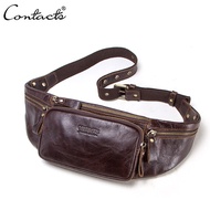 CONTACTS Genuine Leather Vintage Waist Pack For Men High Capacity Chest Bag Male Fanny Travel Hiking