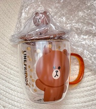 line friends 雙層玻璃杯帶蓋杯 公仔 水杯  餐具家居日用品 brown 熊大 花茶 咖啡 杯