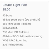 Eight Telecom Double Eight $8 Plan – 388GB Data, 588 Mins Talk, Roaming & IDD Recharge (30 Days)
