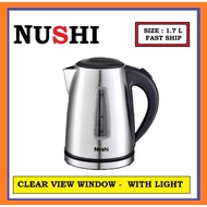 NUSHI NEK-1703SS STAINLESS ELECTRIC KETTLE / LED BLUE LIGHT / CLEAR VIEW / 1.7 LITRE / BOIL / DRY / OVERHEAT PROTECTION