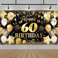 Happy 60th Birthday Party Banner Backdrop Black Gold 60th Party Decoration Photo Background Fabric B