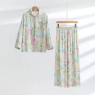 Womens Autumn Cotton Vanilla Mint Long Sleeve Printed Pajamas Two-Piece Sleepwear Women Set Floral P
