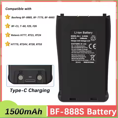 Baofeng BF-888S Walkie Talkie Battery Type-C Charger 1500mAh BL-1 for BF-666S BF-C1 H-777 BF-777S RT